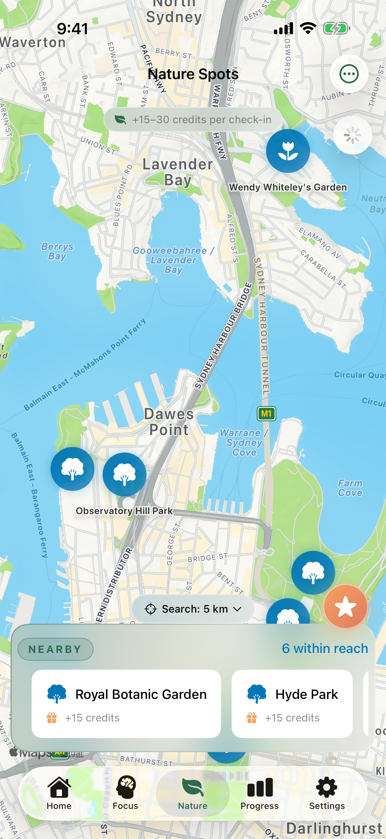 Map of Sydney with nearby parks and a check-in card for Royal Botanic Garden